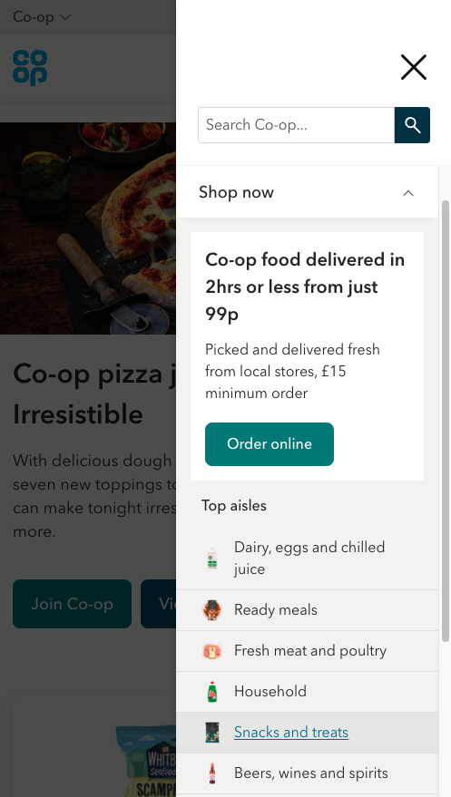 Coop.co.uk Shop now in navigation expanded and showing Top aisles sub navigation and order online green button